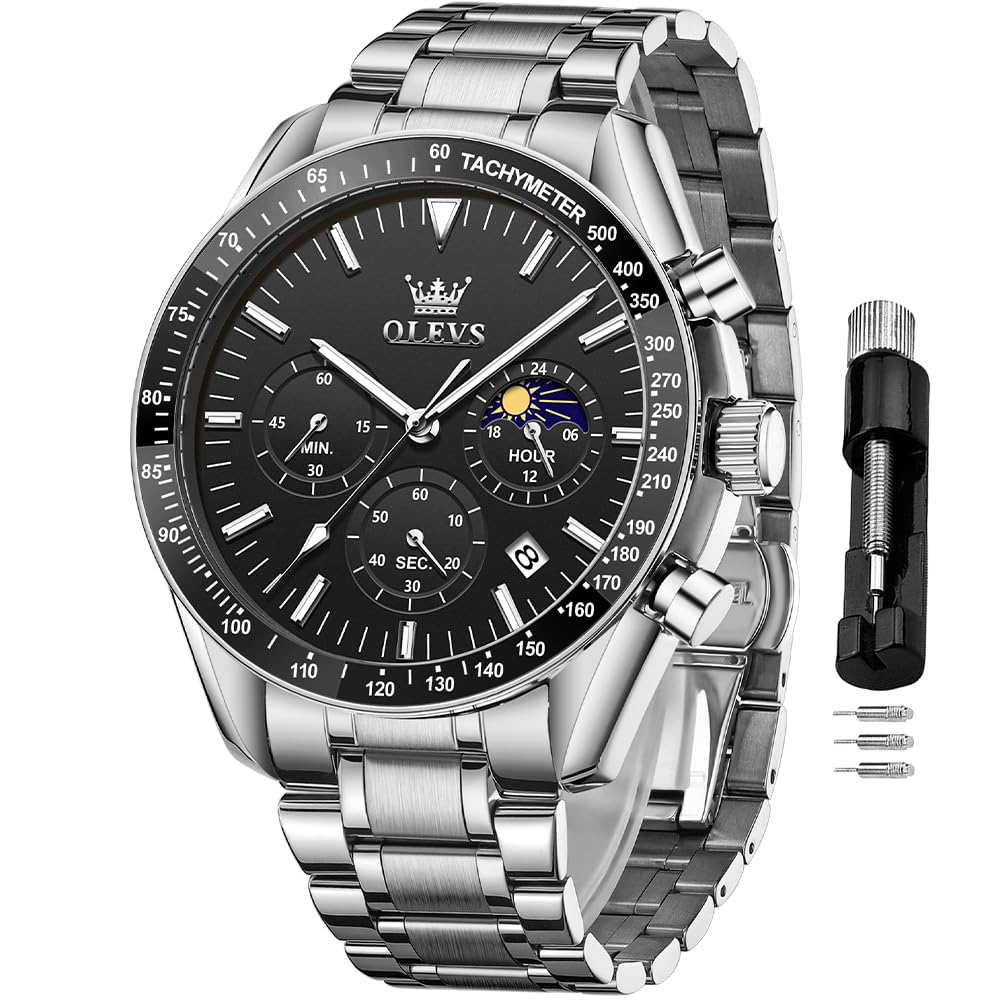 Reloj Olevs Chronograph Moon Phase Quartz Para Hombre Plateado - Venta Internacional.