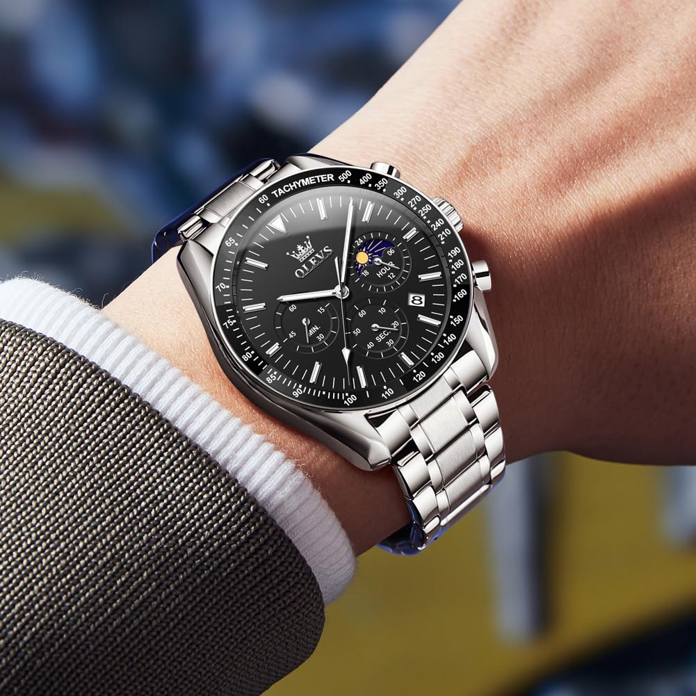 Foto 3 pulgar | Reloj Olevs Chronograph Moon Phase Quartz Para Hombre Plateado - Venta Internacional.