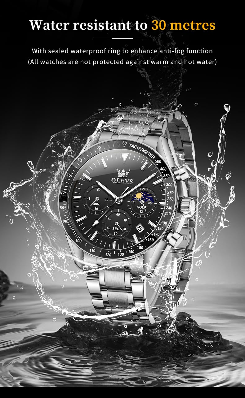 Foto 6 pulgar | Reloj Olevs Chronograph Moon Phase Quartz Para Hombre Plateado - Venta Internacional.
