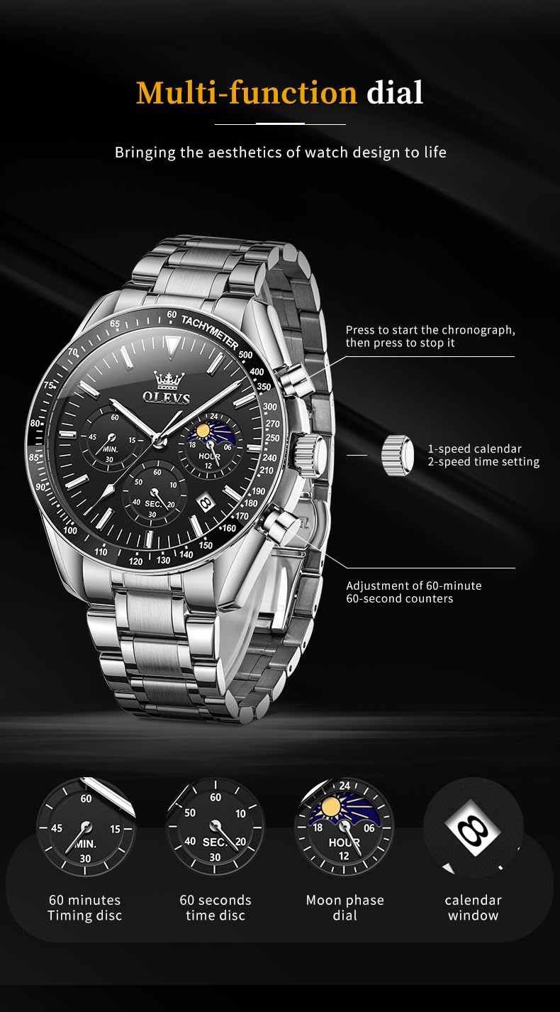 Foto 7 pulgar | Reloj Olevs Chronograph Moon Phase Quartz Para Hombre Plateado - Venta Internacional.