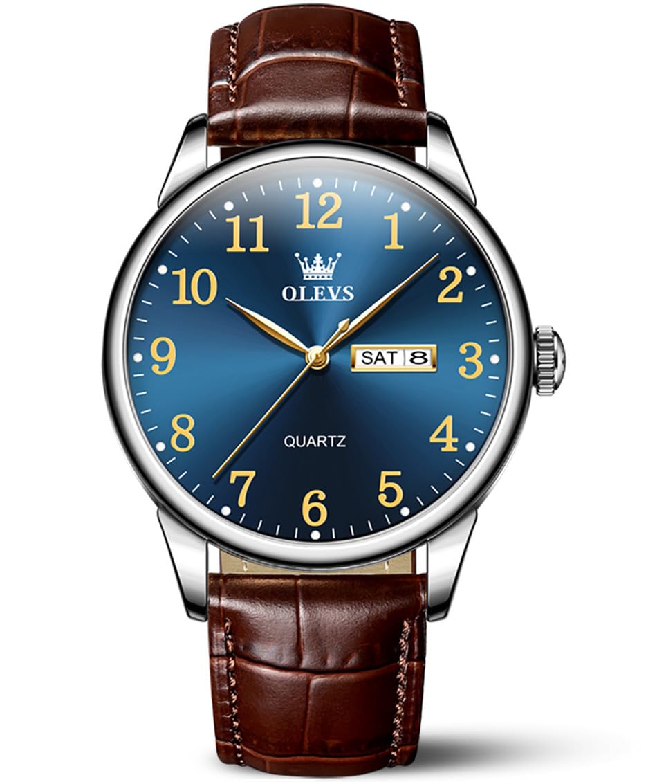 Foto 1 | Reloj Olevs Marrón Para Hombre Con Esfera Azul Y Correa De Piel De 39 Mm - Venta Internacional.