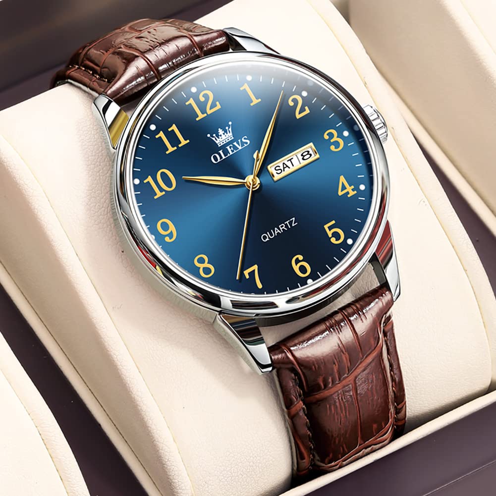 Foto 3 pulgar | Reloj Olevs Marrón Para Hombre Con Esfera Azul Y Correa De Piel De 39 Mm - Venta Internacional.
