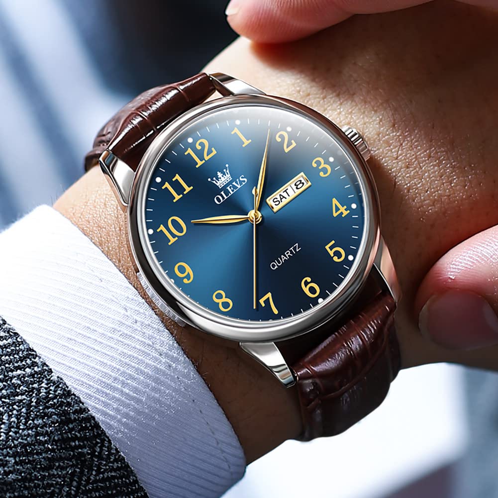 Foto 4 pulgar | Reloj Olevs Marrón Para Hombre Con Esfera Azul Y Correa De Piel De 39 Mm - Venta Internacional.
