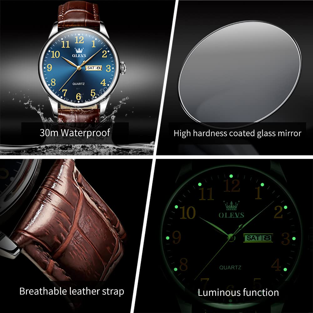 Foto 4 | Reloj Olevs Marrón Para Hombre Con Esfera Azul Y Correa De Piel De 39 Mm - Venta Internacional.