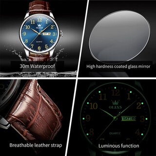 Foto 4 | Reloj Olevs Marrón Para Hombre Con Esfera Azul Y Correa De Piel De 39 Mm - Venta Internacional.