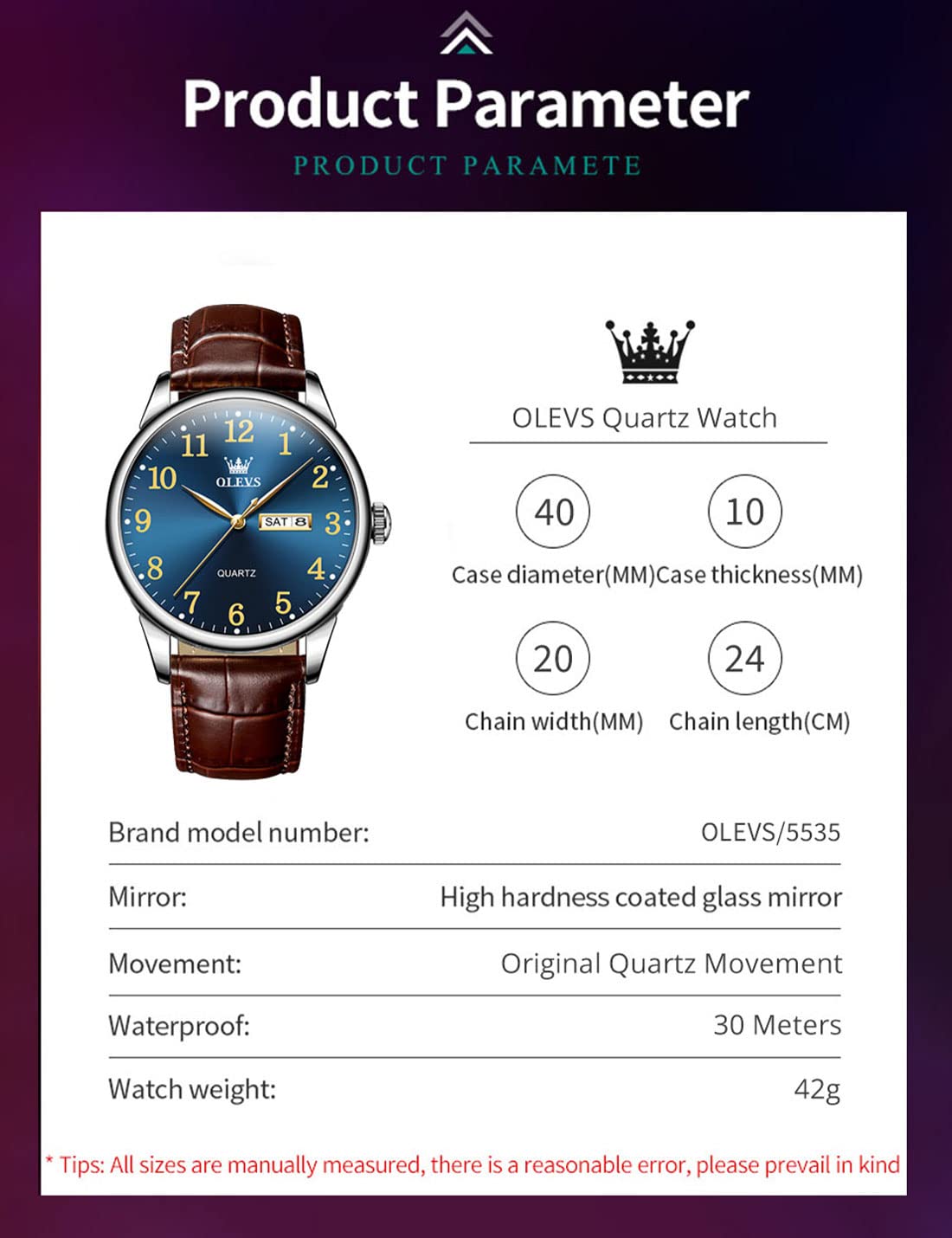 Foto 7 pulgar | Reloj Olevs Marrón Para Hombre Con Esfera Azul Y Correa De Piel De 39 Mm - Venta Internacional.