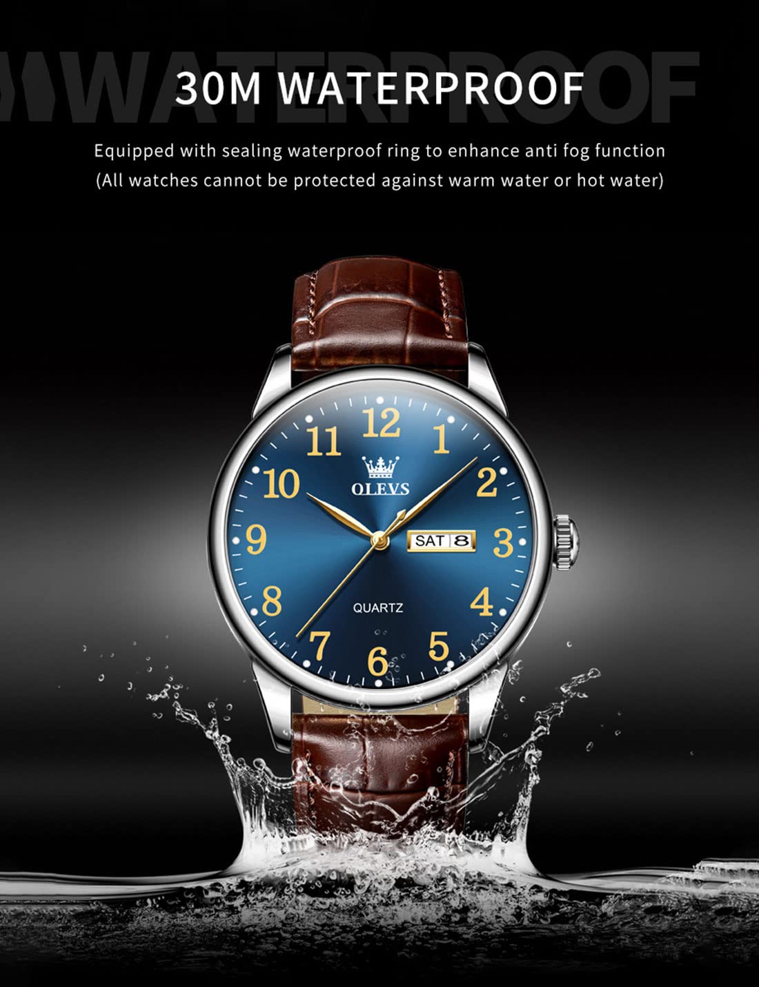 Foto 8 pulgar | Reloj Olevs Marrón Para Hombre Con Esfera Azul Y Correa De Piel De 39 Mm - Venta Internacional.