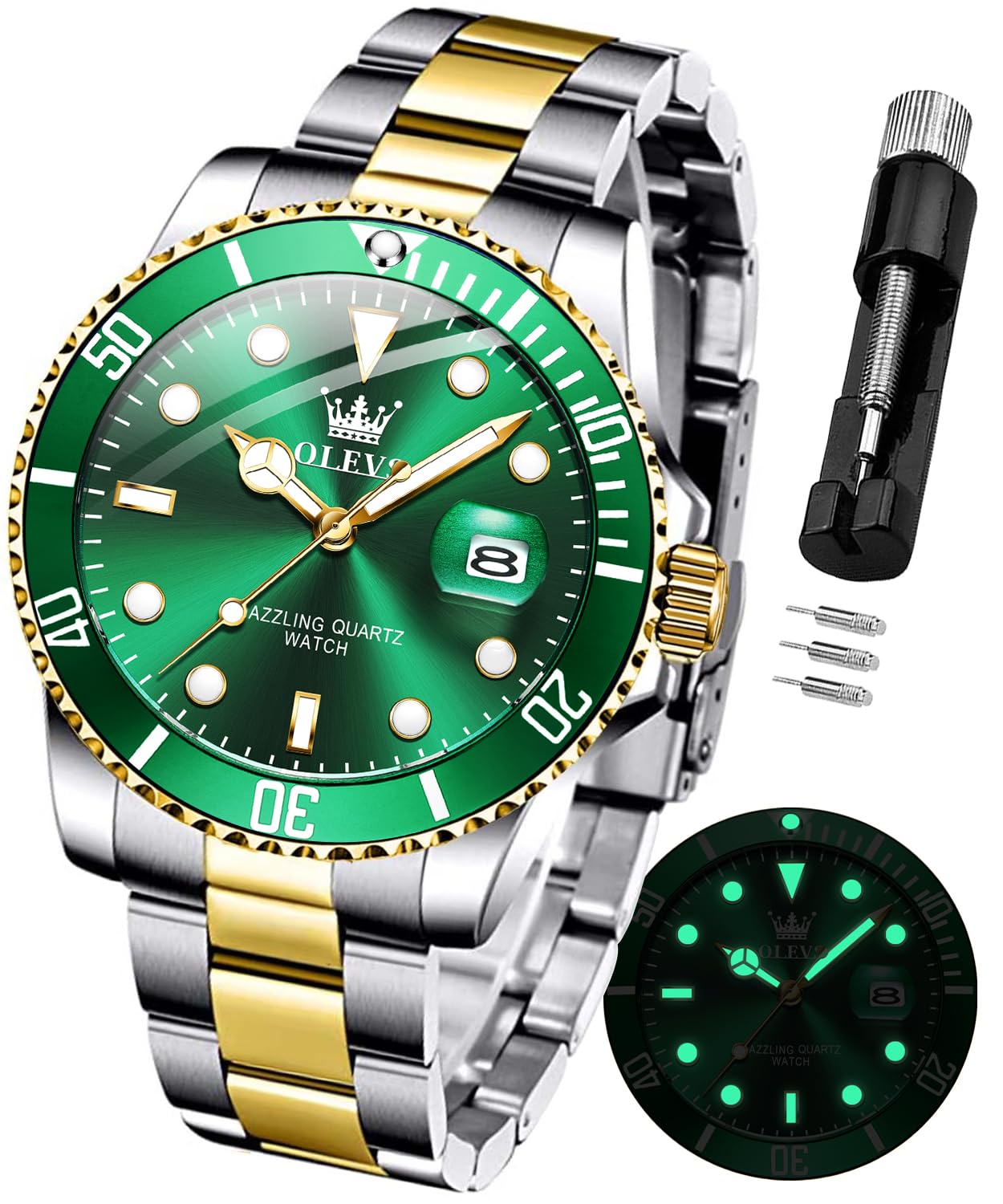 Foto 2 pulgar | Reloj Olevs De Acero Inoxidable Verde Con Fecha Para Hombre - Venta Internacional.
