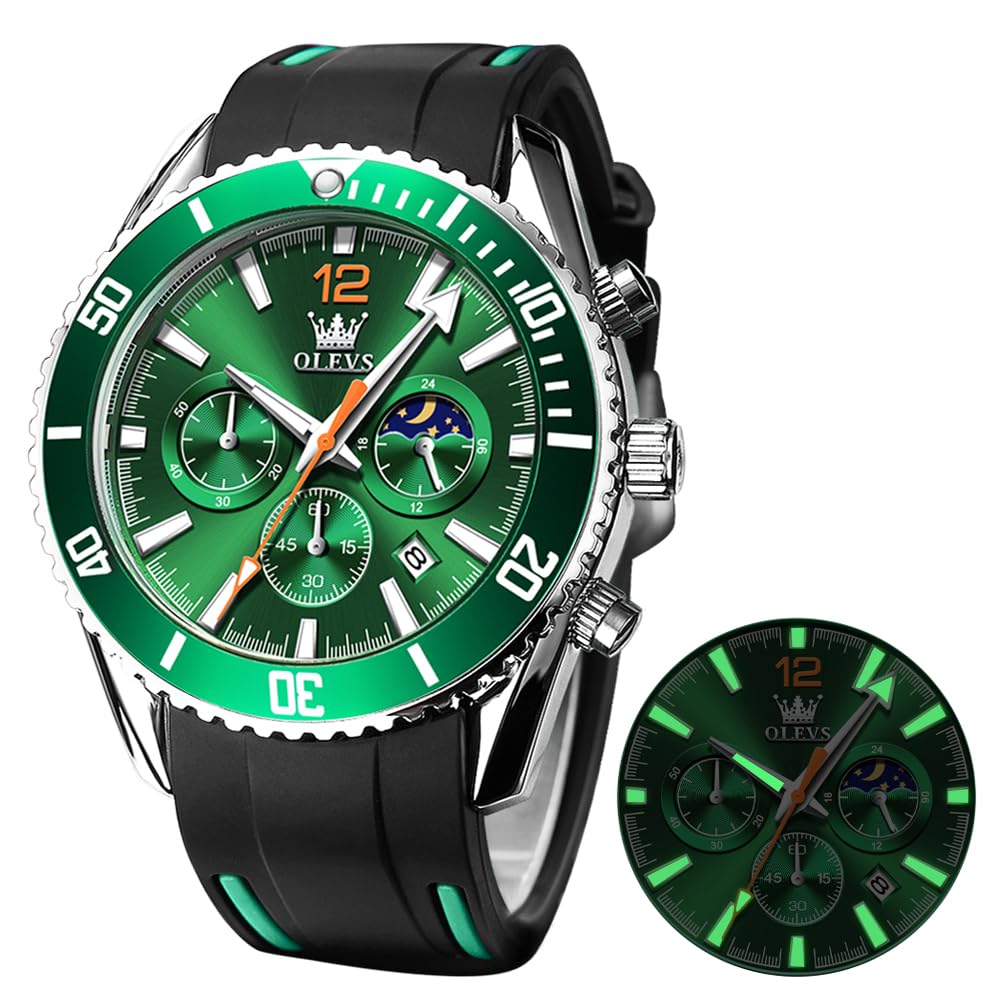 Foto 2 pulgar | Reloj Olevs Green Moon Phase Impermeable Para Hombre Con Caja - Venta Internacional.