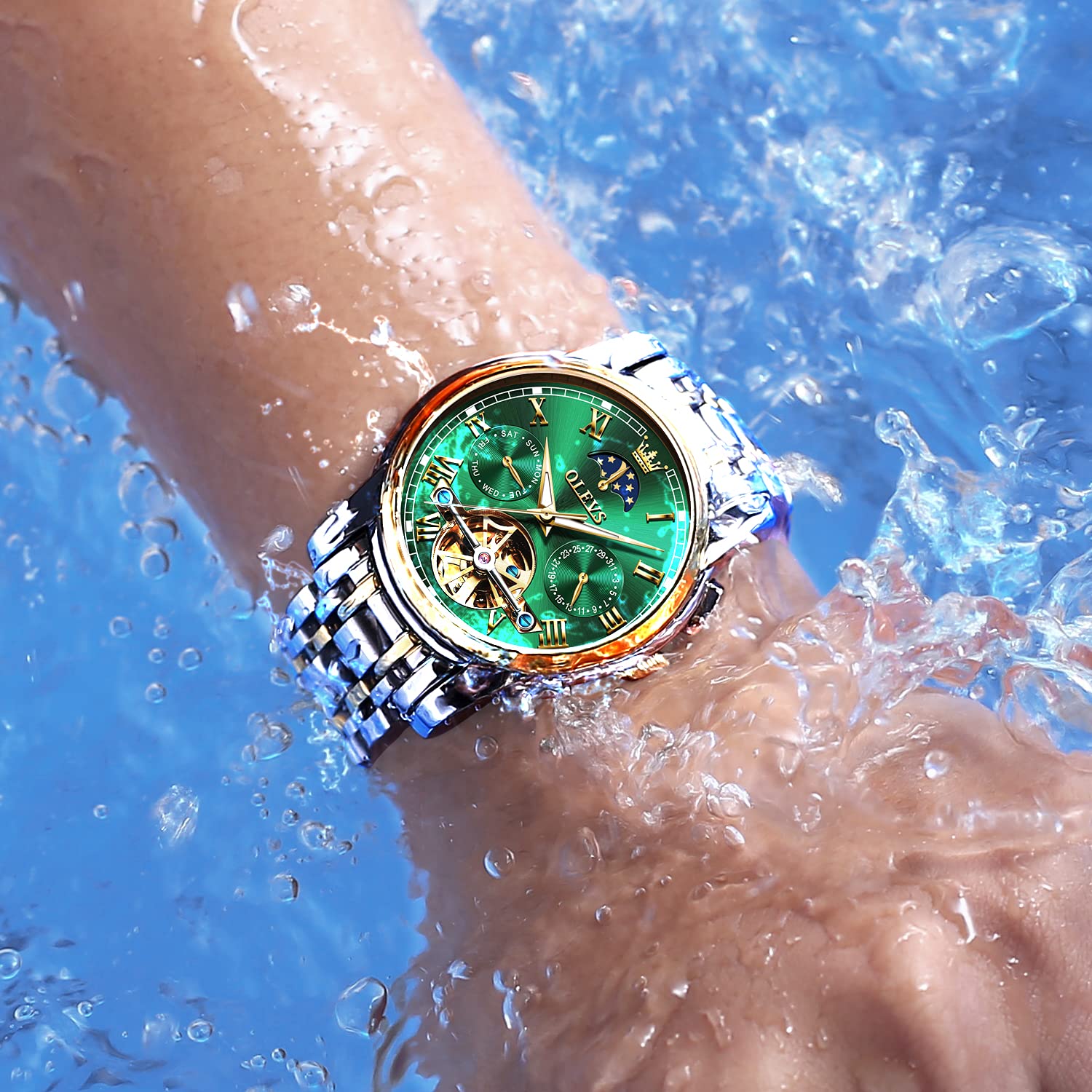 Foto 3 pulgar | Reloj Olevs Green Automatic Mechanical Moon Phase Para Hombre - Venta Internacional.