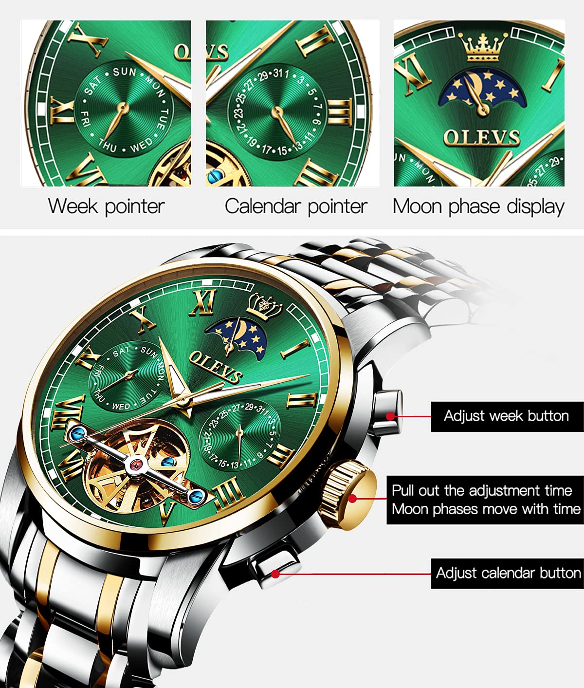 Foto 7 pulgar | Reloj Olevs Green Automatic Mechanical Moon Phase Para Hombre - Venta Internacional.