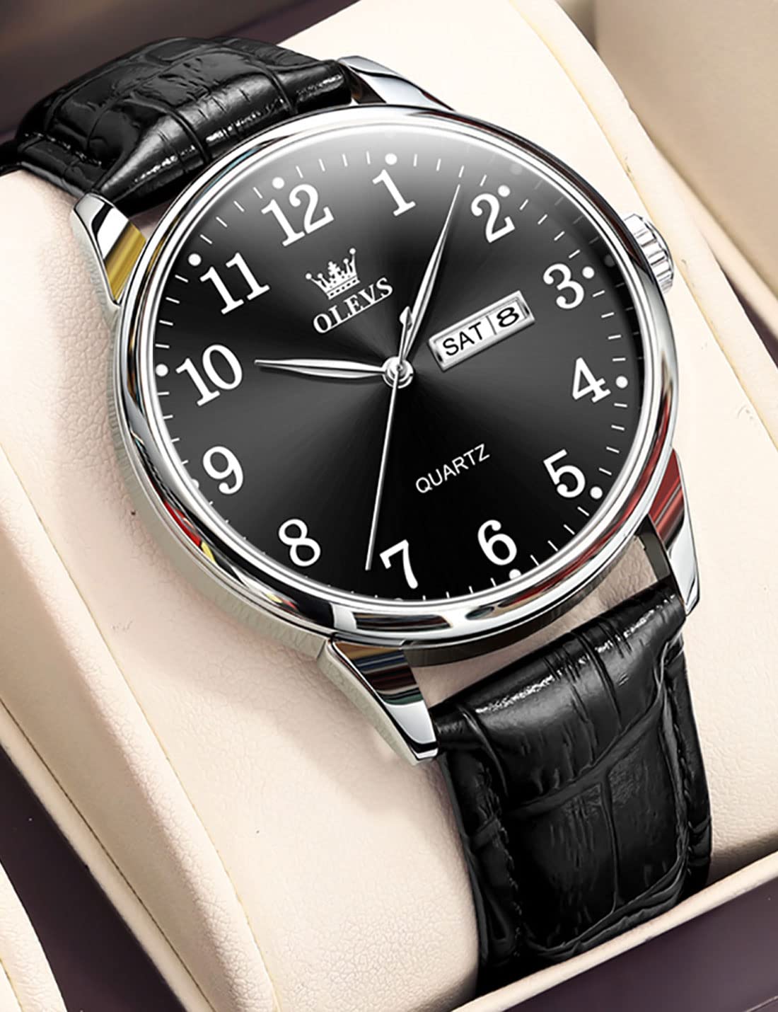 Foto 3 pulgar | Reloj Olevs Para Hombre De Cuero Negro Analógico De Cuarzo Resistente Al Agua - Venta Internacional.