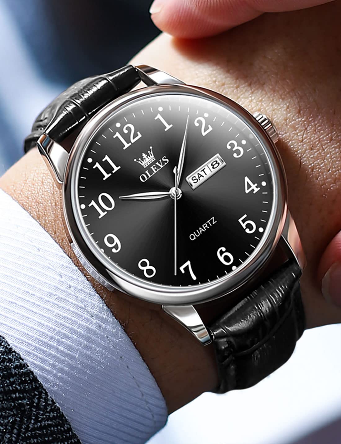 Foto 4 pulgar | Reloj Olevs Para Hombre De Cuero Negro Analógico De Cuarzo Resistente Al Agua - Venta Internacional.