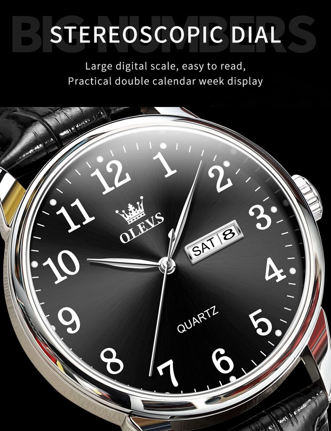 Foto 5 pulgar | Reloj Olevs Para Hombre De Cuero Negro Analógico De Cuarzo Resistente Al Agua - Venta Internacional.