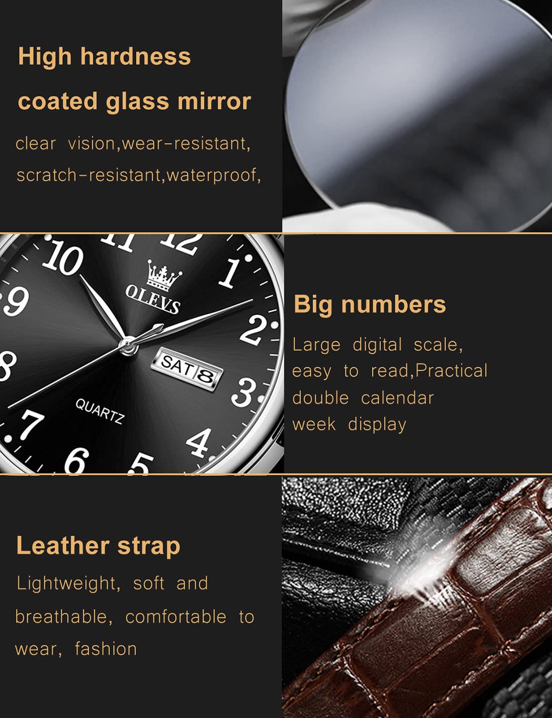 Foto 6 pulgar | Reloj Olevs Para Hombre De Cuero Negro Analógico De Cuarzo Resistente Al Agua - Venta Internacional.