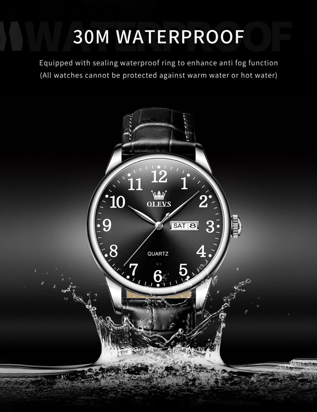 Foto 7 pulgar | Reloj Olevs Para Hombre De Cuero Negro Analógico De Cuarzo Resistente Al Agua - Venta Internacional.