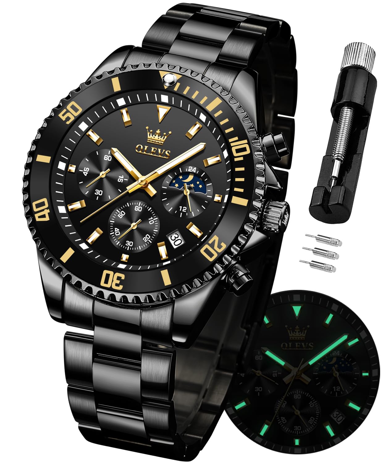 Reloj Olevs Black Chronograph Moon Phase De Acero Inoxidable Para Hombre - Venta Internacional.