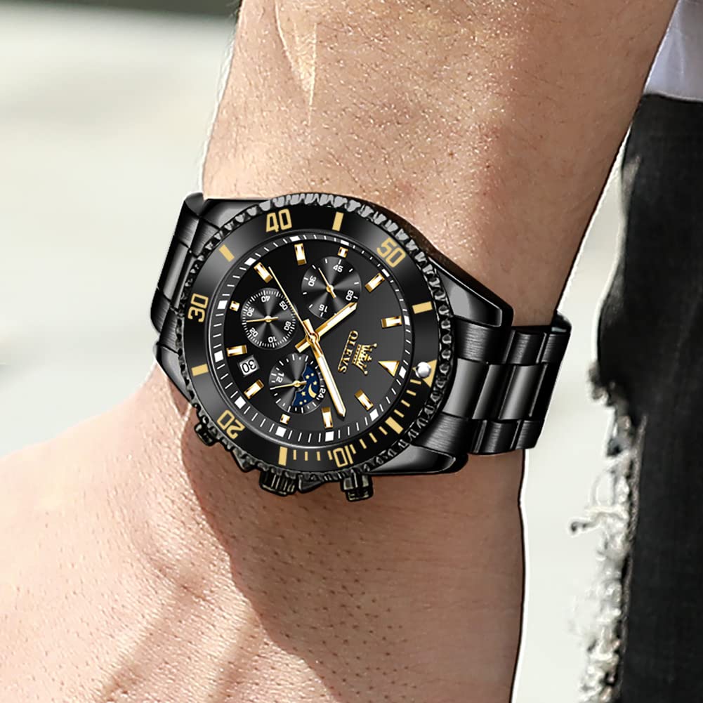 Foto 4 pulgar | Reloj Olevs Black Chronograph Moon Phase De Acero Inoxidable Para Hombre - Venta Internacional.