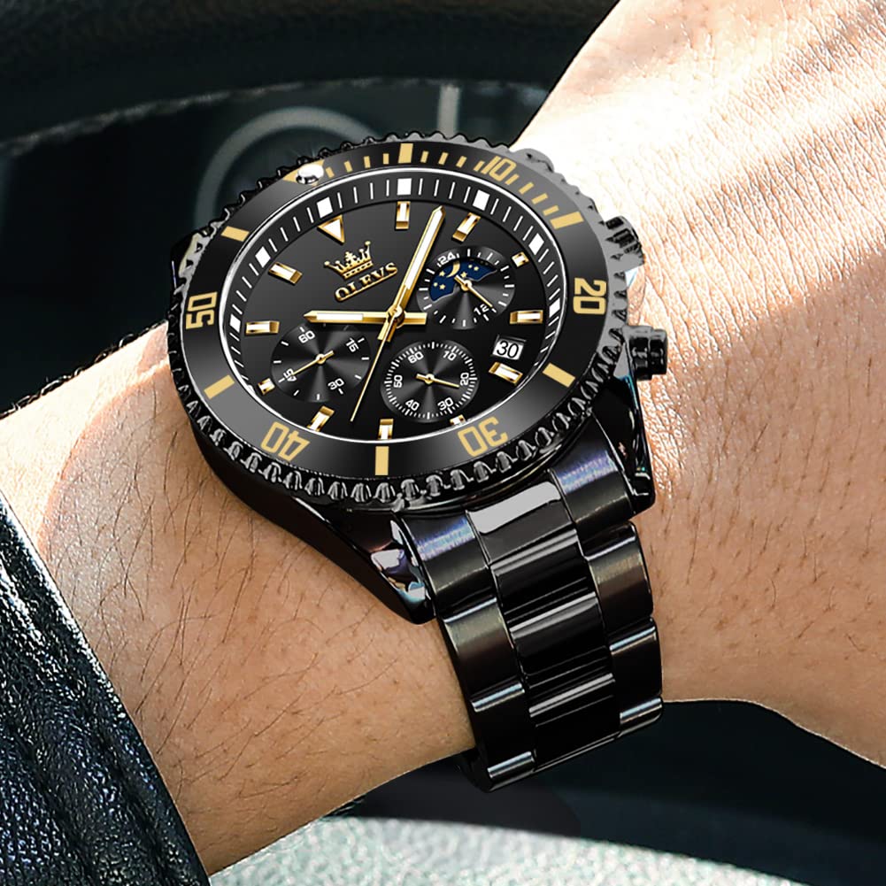 Foto 5 pulgar | Reloj Olevs Black Chronograph Moon Phase De Acero Inoxidable Para Hombre - Venta Internacional.