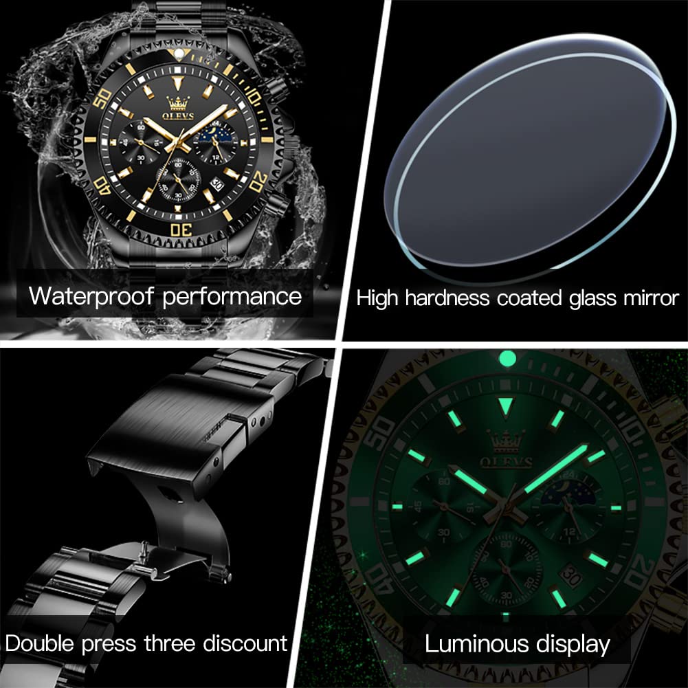 Foto 7 pulgar | Reloj Olevs Black Chronograph Moon Phase De Acero Inoxidable Para Hombre - Venta Internacional.