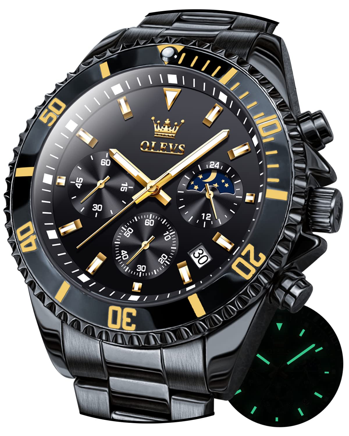 Foto 8 pulgar | Reloj Olevs Black Chronograph Moon Phase De Acero Inoxidable Para Hombre - Venta Internacional.