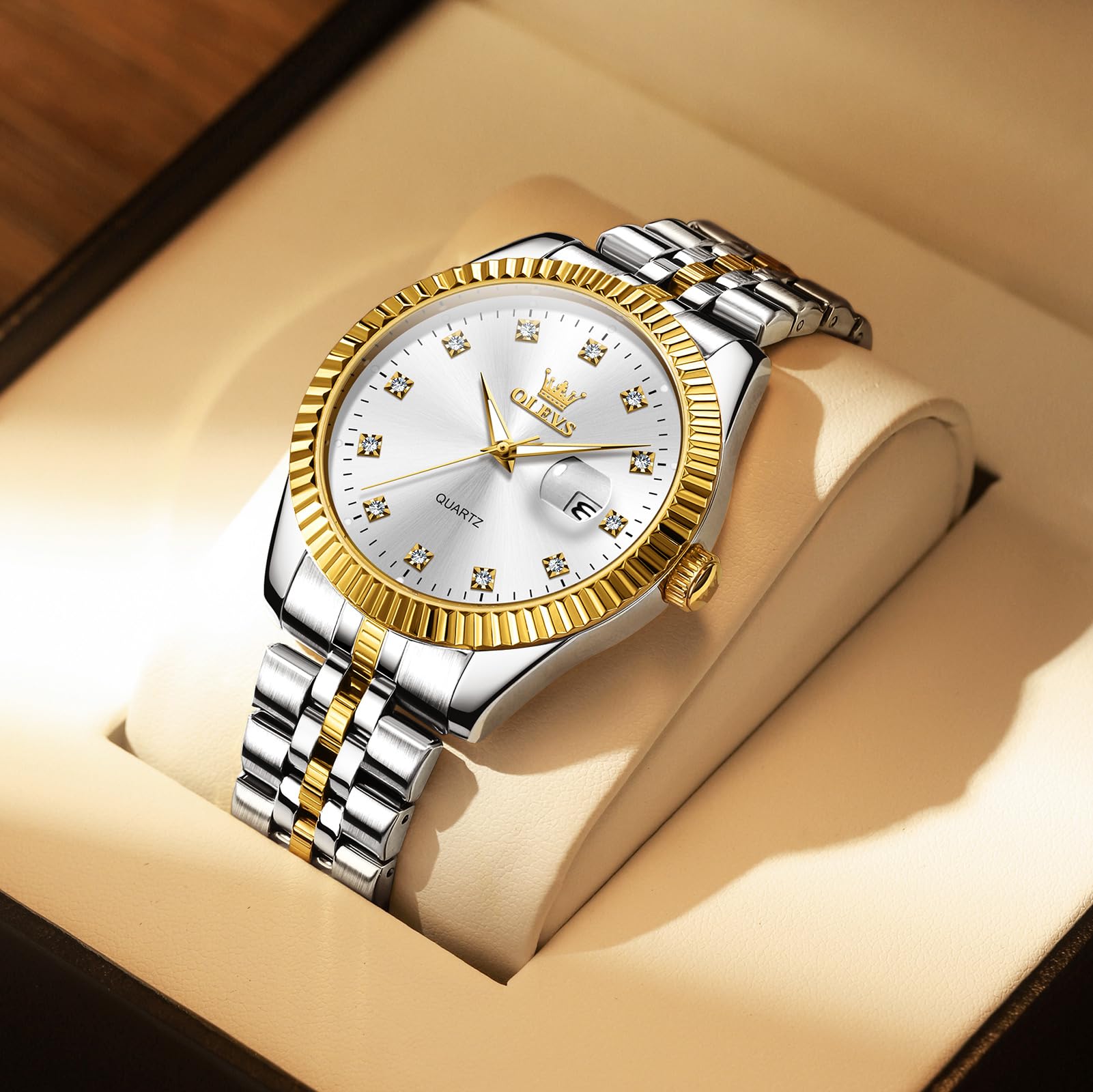 Foto 5 pulgar | Reloj Olevs Blanco Para Hombre Con Fecha De Acero Inoxidable Resistente Al Agua - Venta Internacional.
