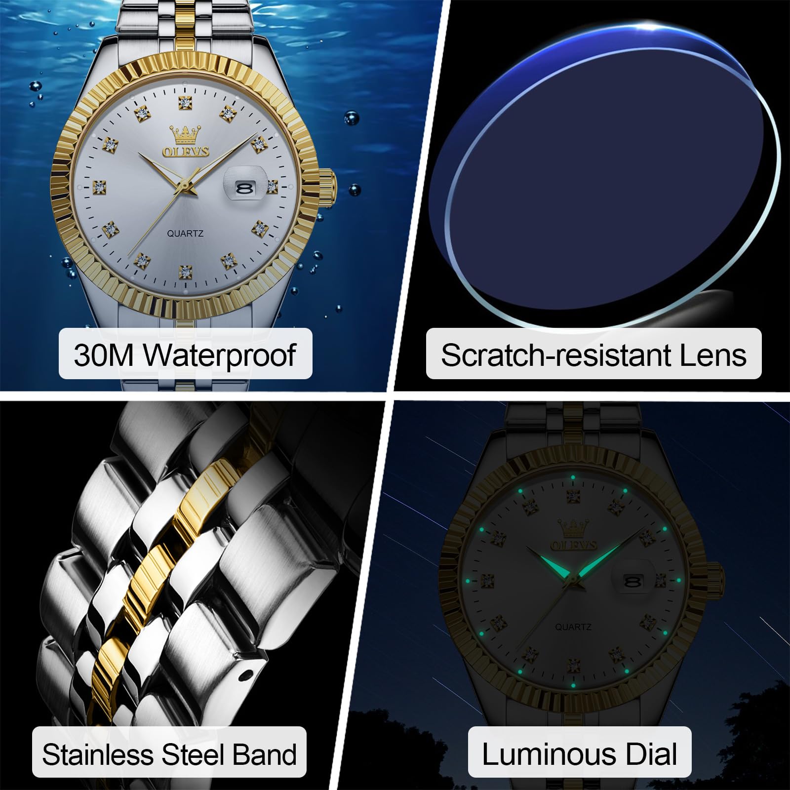 Foto 6 pulgar | Reloj Olevs Blanco Para Hombre Con Fecha De Acero Inoxidable Resistente Al Agua - Venta Internacional.