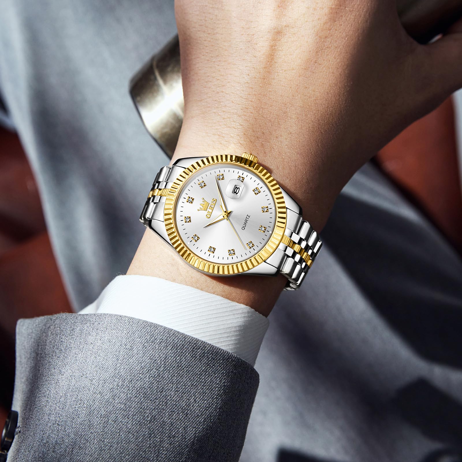 Foto 8 pulgar | Reloj Olevs Blanco Para Hombre Con Fecha De Acero Inoxidable Resistente Al Agua - Venta Internacional.