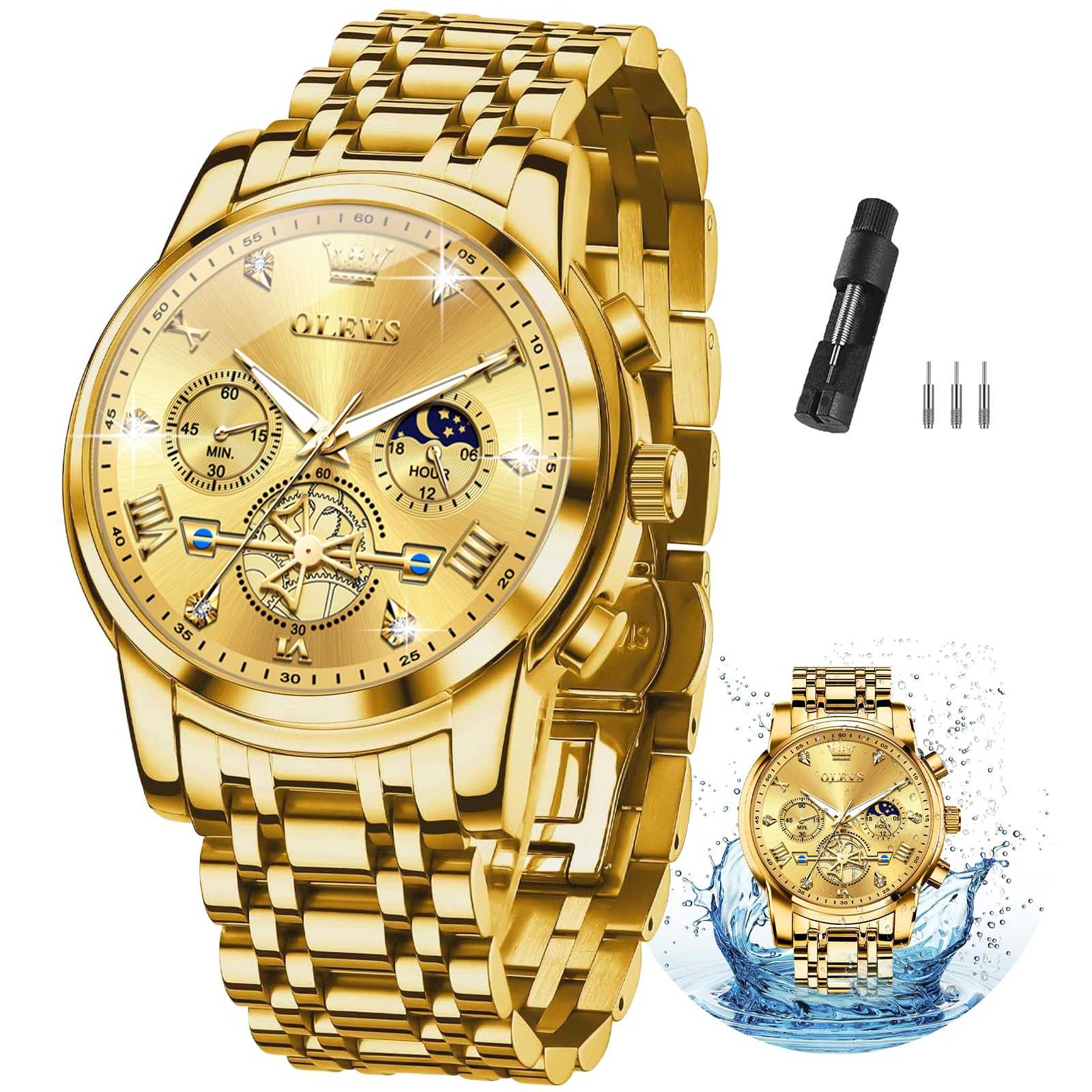 Reloj Olevs Gold Chronograph Moon Phase Para Hombre Stainless St - Venta Internacional.