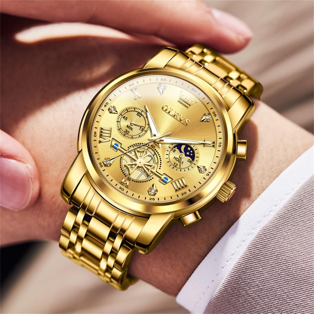 Foto 3 pulgar | Reloj Olevs Gold Chronograph Moon Phase Para Hombre Stainless St - Venta Internacional.