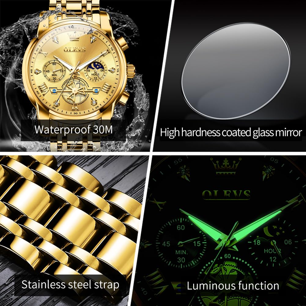 Foto 6 pulgar | Reloj Olevs Gold Chronograph Moon Phase Para Hombre Stainless St - Venta Internacional.