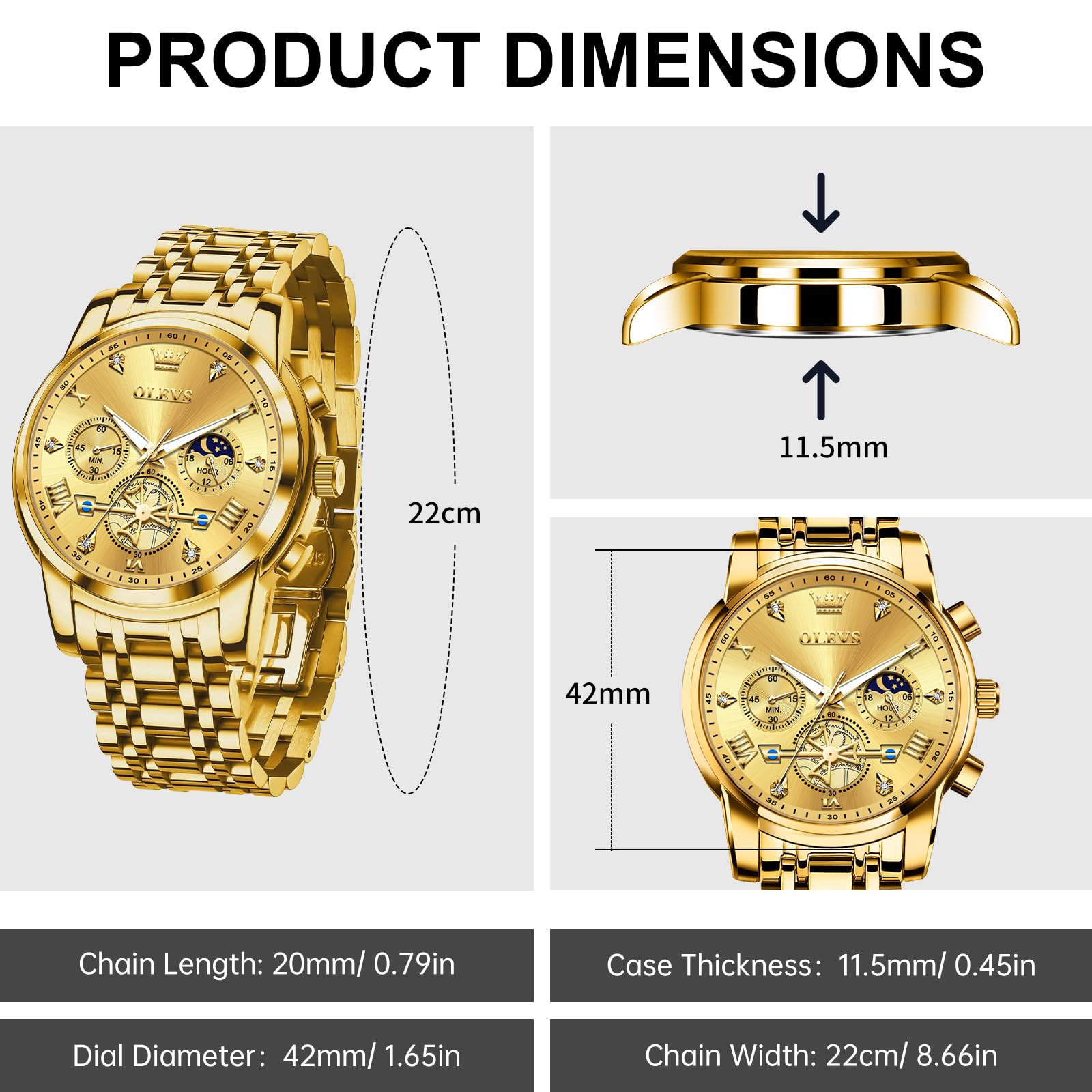 Foto 7 pulgar | Reloj Olevs Gold Chronograph Moon Phase Para Hombre Stainless St - Venta Internacional.