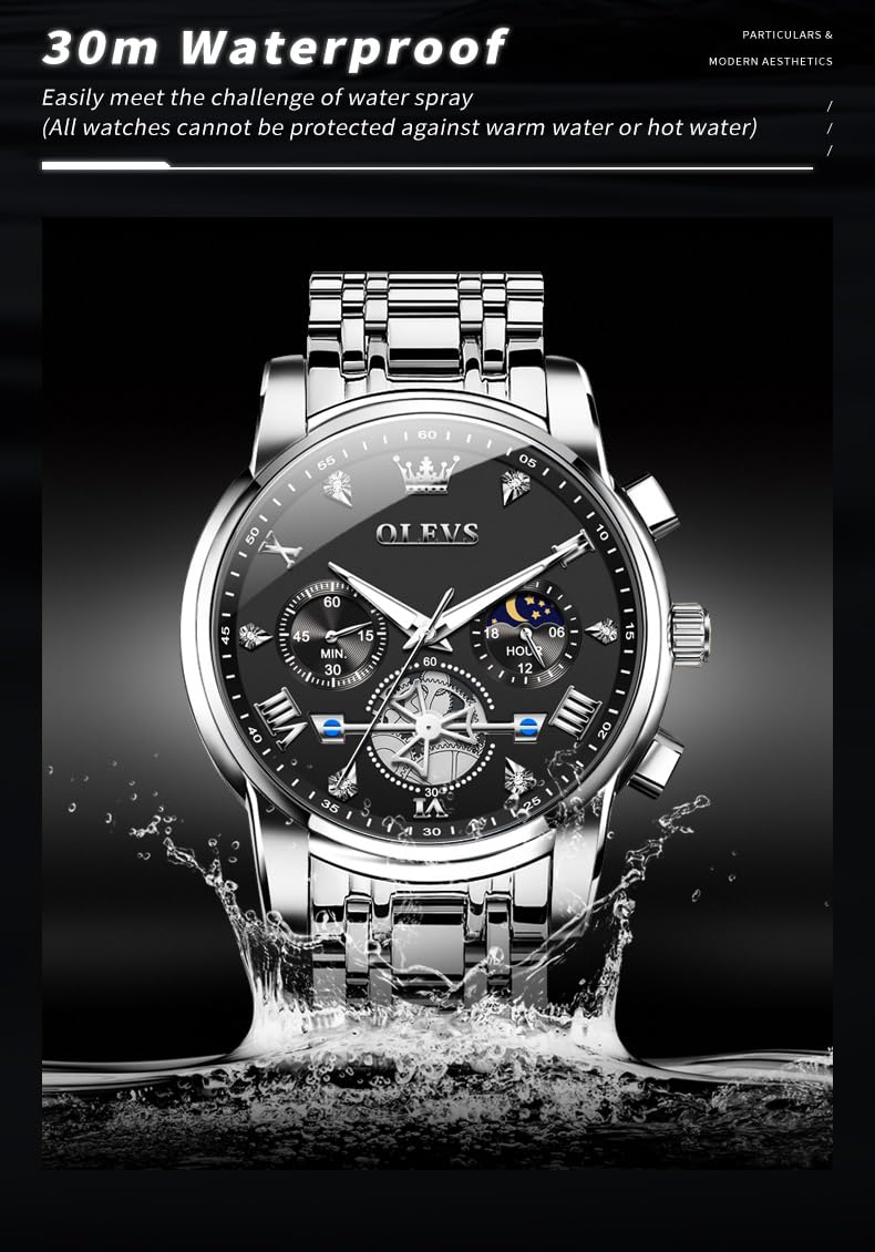 Foto 3 pulgar | Reloj De Pulsera Olevs Para Hombre Con Cronógrafo De Acero Inoxidable Negro - Venta Internacional.