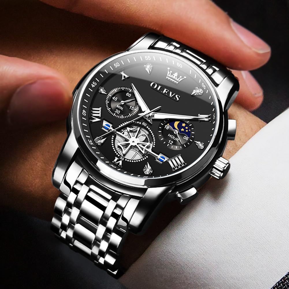 Foto 7 | Reloj De Pulsera Olevs Para Hombre Con Cronógrafo De Acero Inoxidable Negro - Venta Internacional.
