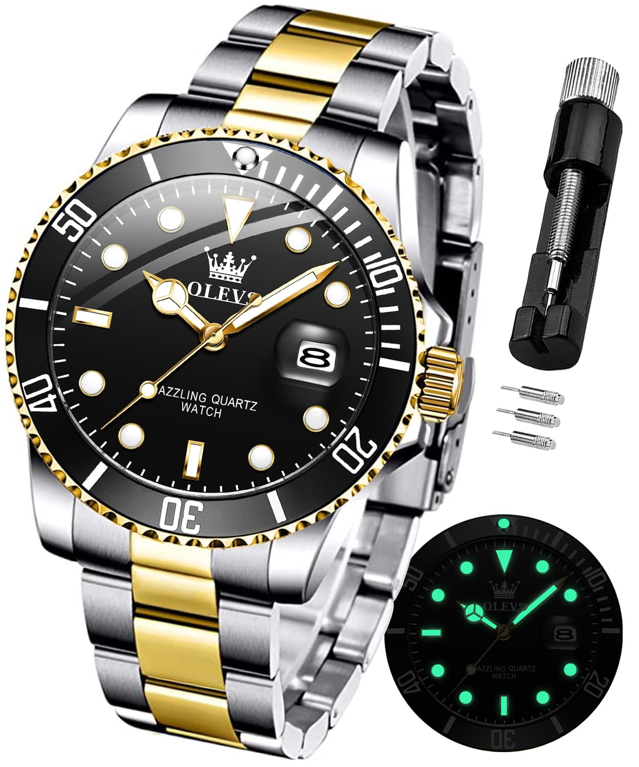 Foto 2 pulgar | Reloj Olevs De Acero Inoxidable Dorado Y Negro Para Hombre, Resistente Al Agua Hasta 3 Atm - Venta Internacional.