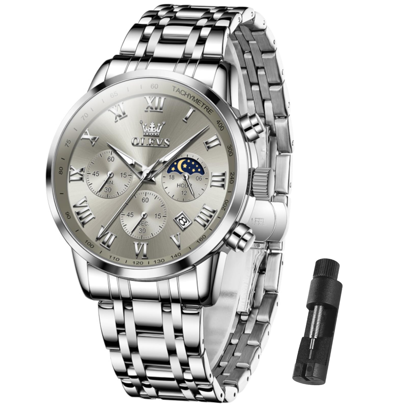 Reloj Olevs Silver Chronograph De Acero Inoxidable Impermeable - Venta Internacional.