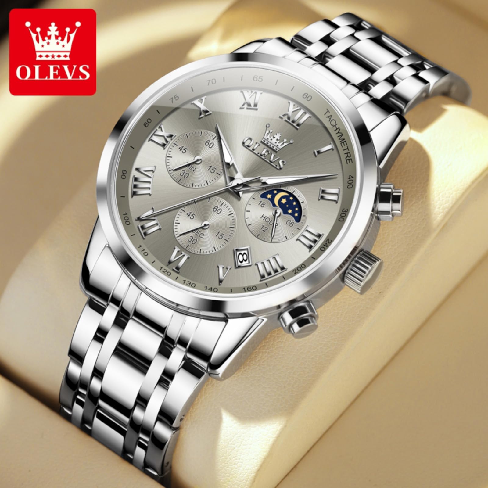 Foto 3 pulgar | Reloj Olevs Silver Chronograph De Acero Inoxidable Impermeable - Venta Internacional.