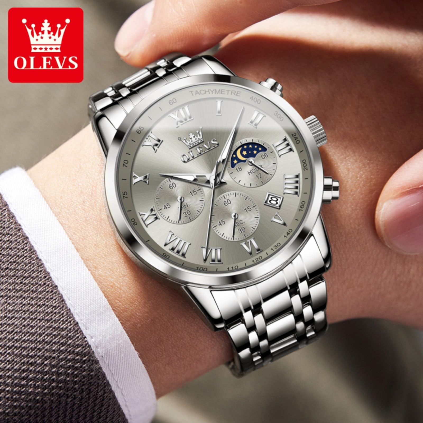 Foto 4 pulgar | Reloj Olevs Silver Chronograph De Acero Inoxidable Impermeable - Venta Internacional.