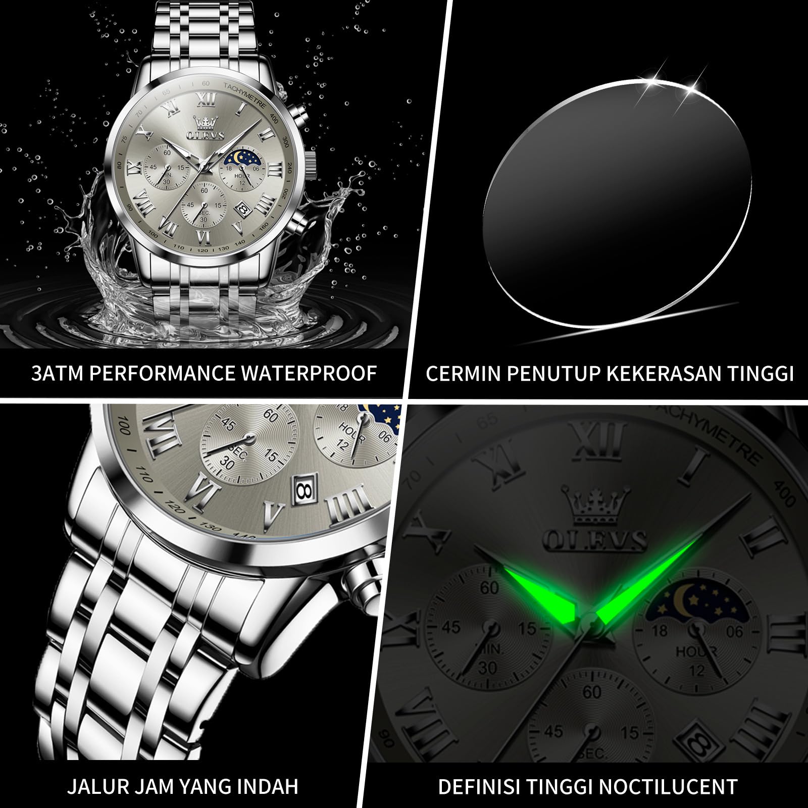 Foto 5 pulgar | Reloj Olevs Silver Chronograph De Acero Inoxidable Impermeable - Venta Internacional.
