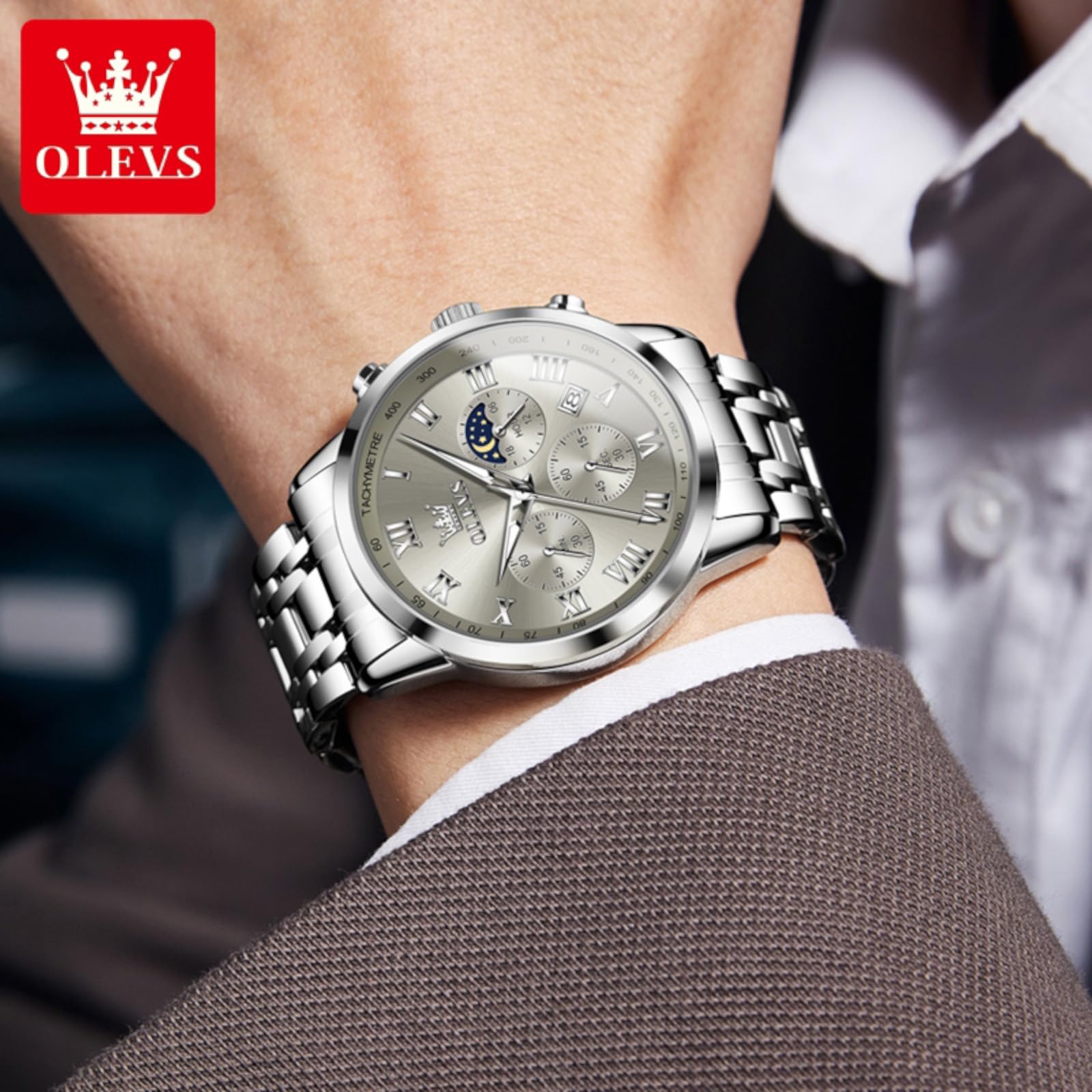 Foto 8 pulgar | Reloj Olevs Silver Chronograph De Acero Inoxidable Impermeable - Venta Internacional.