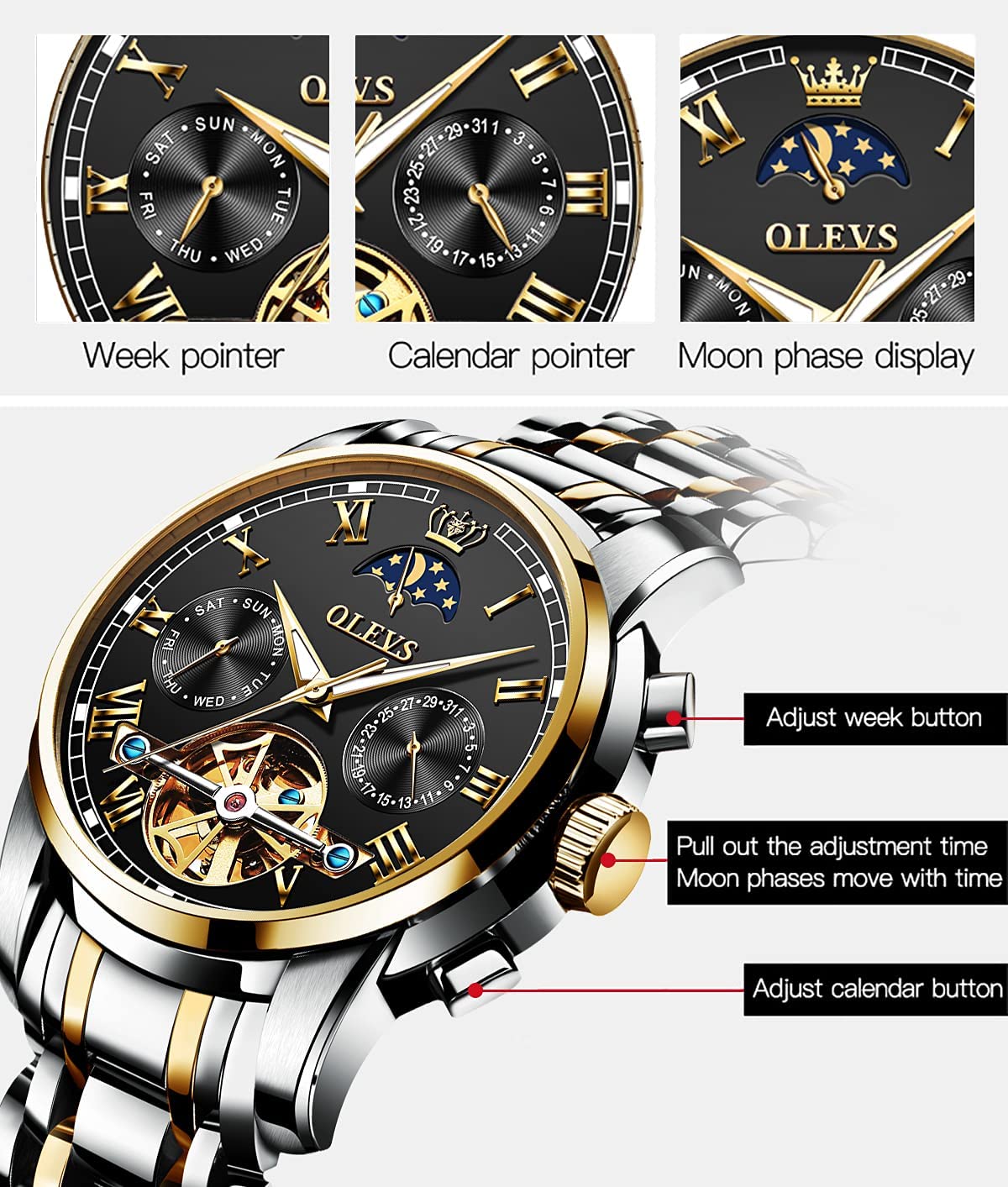 Foto 7 pulgar | Reloj Olevs Tourbillon Mecánico Automático Moon Phase Para Hombre - Venta Internacional.