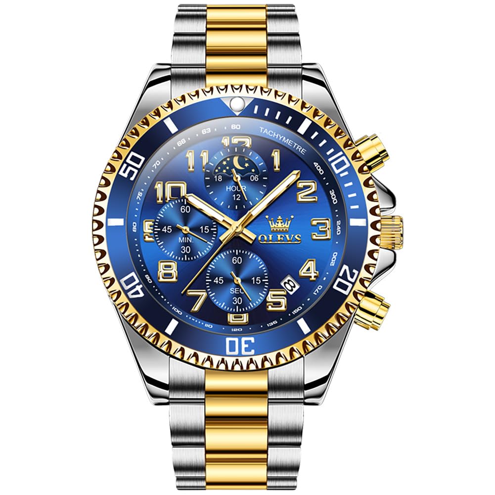 Reloj Olevs - Vestido De Lujo Para Hombre, Fase Lunar, Azul, Acero Inoxidable - Venta Internacional.