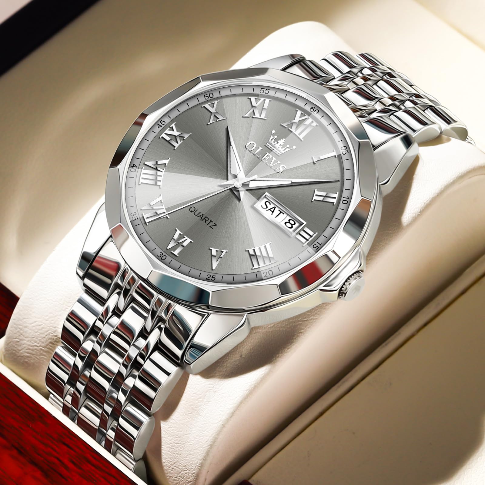 Foto 2 | Reloj Olevs Gris Plateado De Acero Inoxidable Impermeable Para Hombre - Venta Internacional.