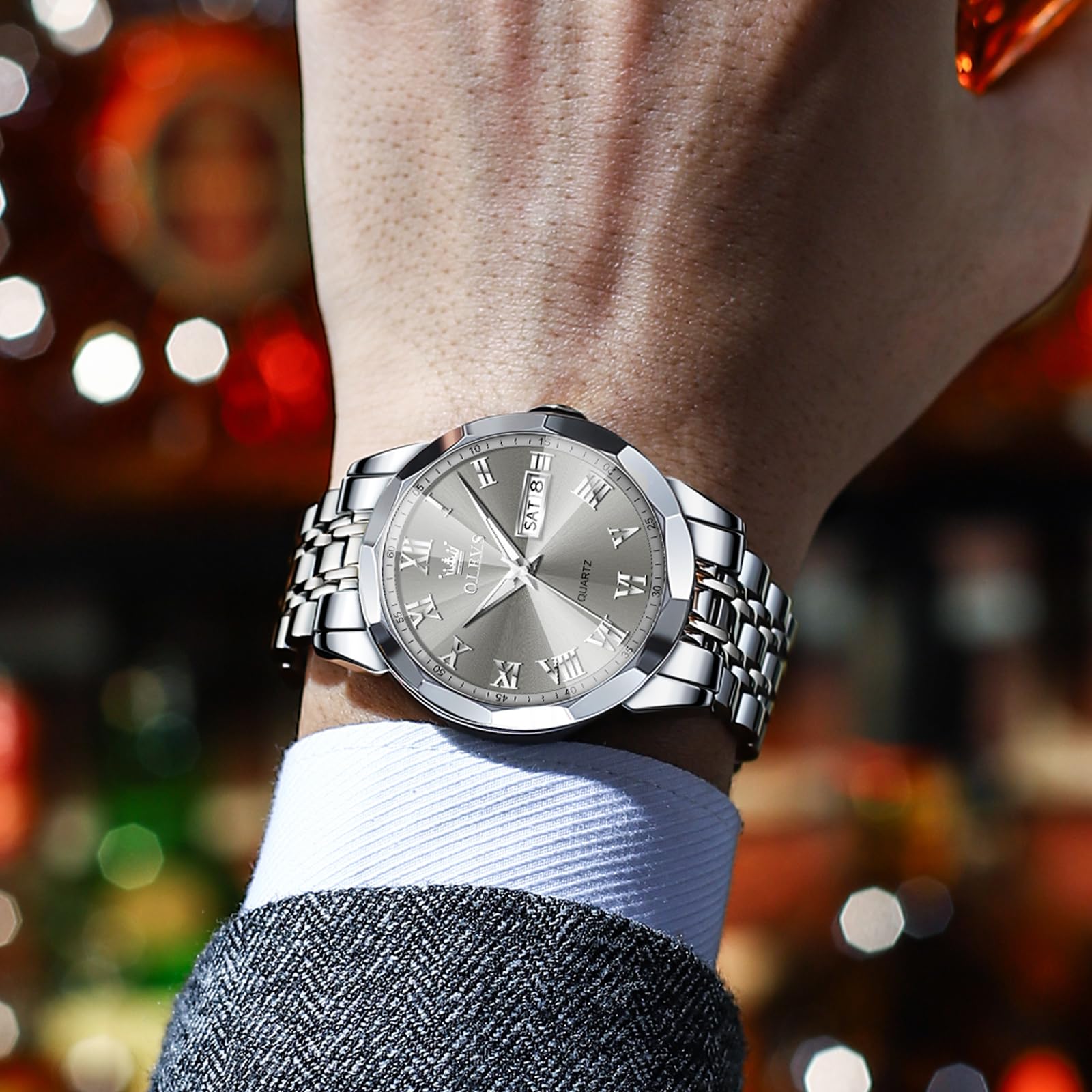 Foto 4 pulgar | Reloj Olevs Gris Plateado De Acero Inoxidable Impermeable Para Hombre - Venta Internacional.