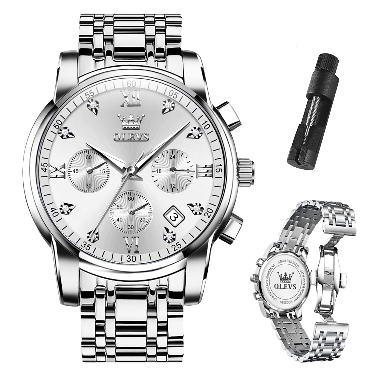 Reloj Olevs Silver Chronograph Resistente Al Agua Para Hombre - Venta Internacional.
