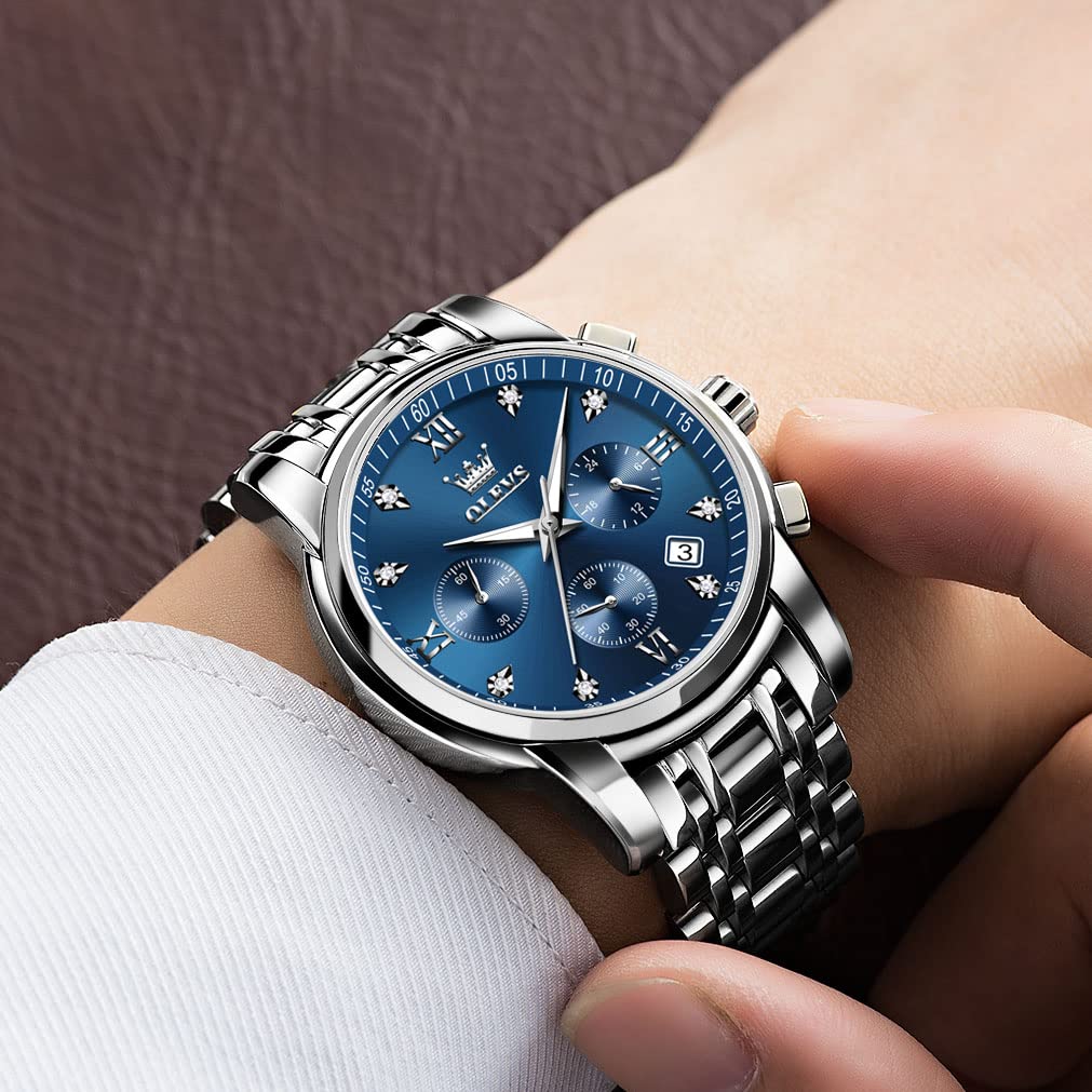 Foto 2 | Reloj Olevs Con Cronógrafo De Acero Inoxidable Con Esfera Azul Para Hombre - Venta Internacional.