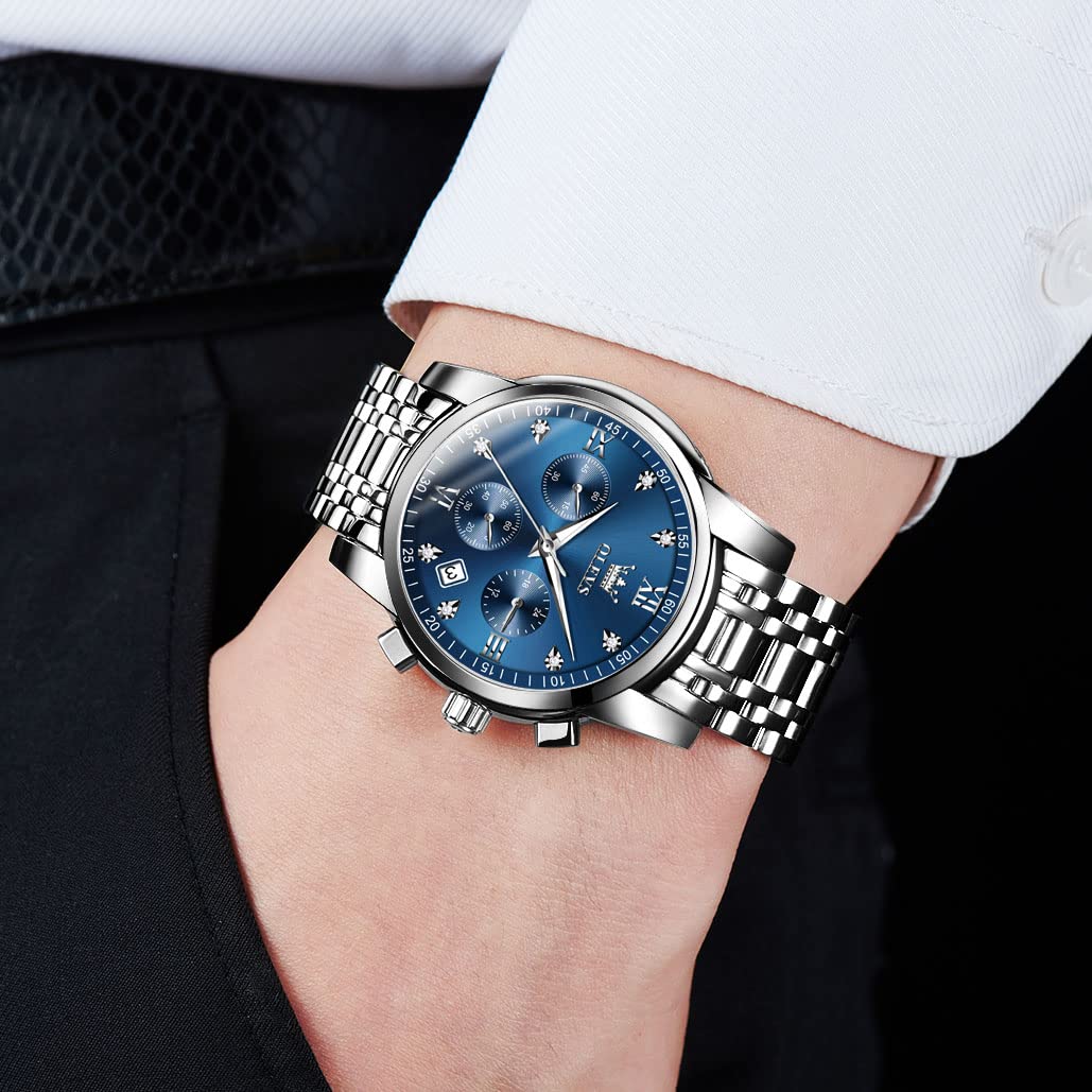 Foto 3 | Reloj Olevs Con Cronógrafo De Acero Inoxidable Con Esfera Azul Para Hombre - Venta Internacional.