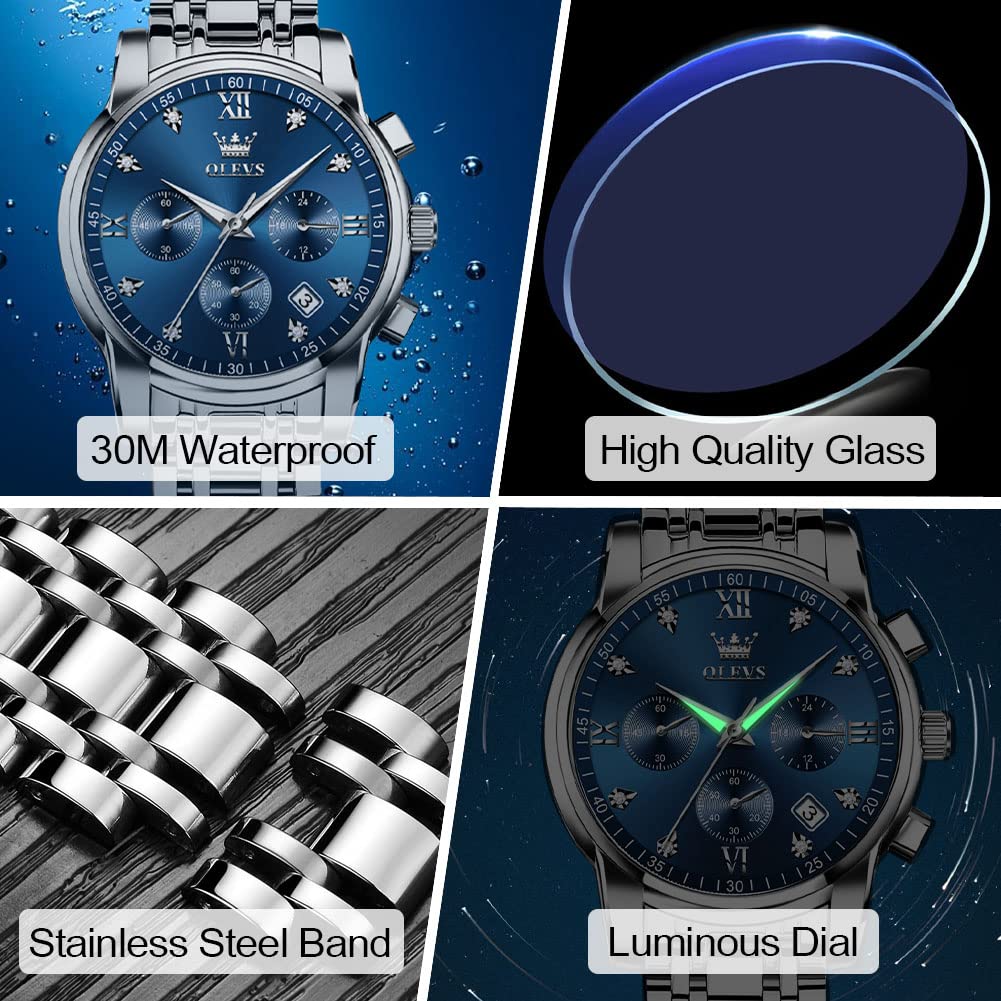 Foto 5 | Reloj Olevs Con Cronógrafo De Acero Inoxidable Con Esfera Azul Para Hombre - Venta Internacional.