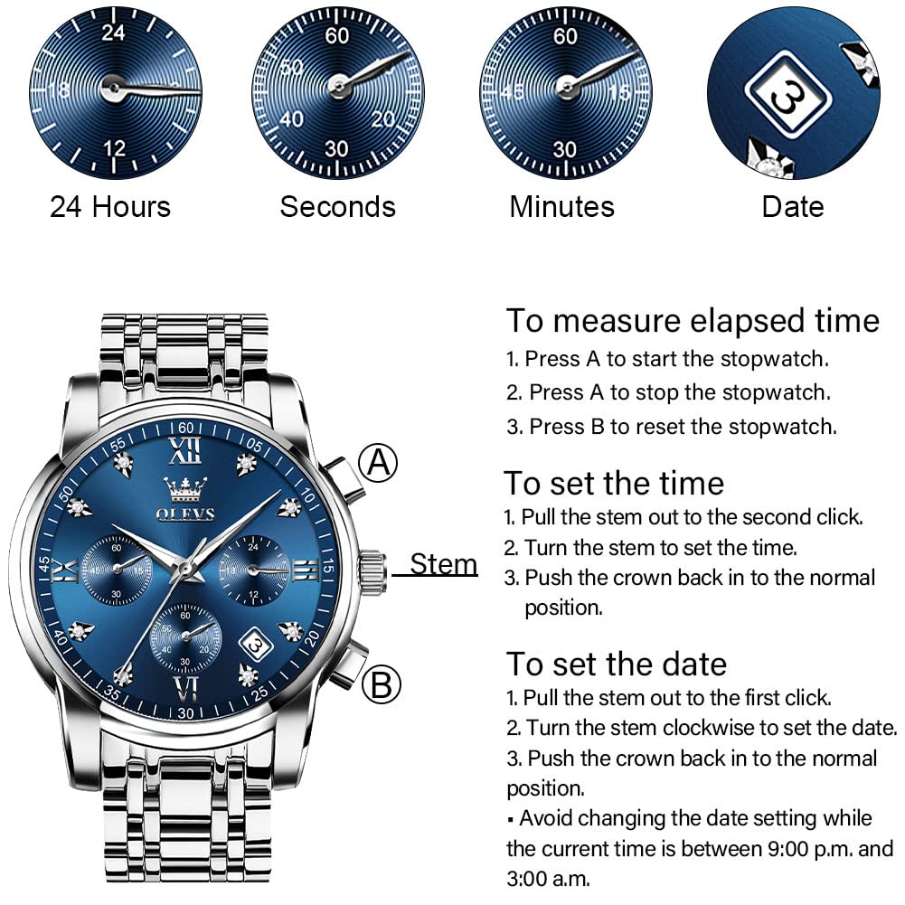 Foto 7 pulgar | Reloj Olevs Con Cronógrafo De Acero Inoxidable Con Esfera Azul Para Hombre - Venta Internacional.