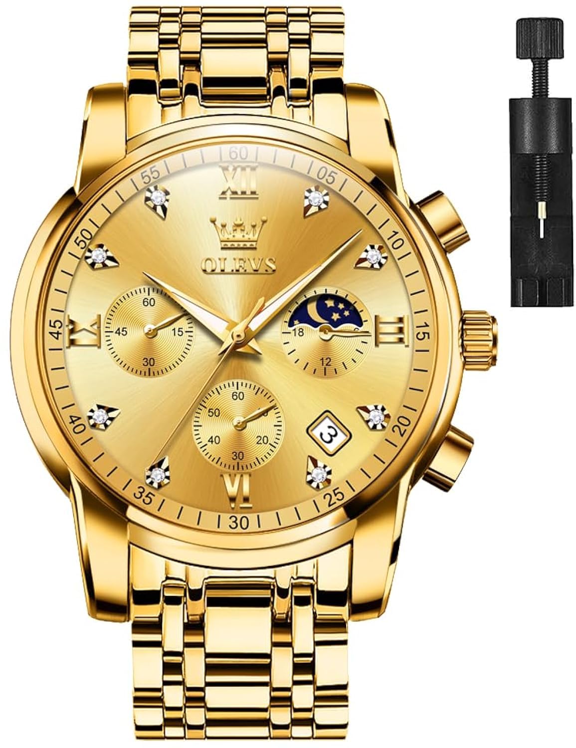 Foto 2 pulgar | Reloj Olevs Gold Chronograph De Acero Inoxidable Para Hombre De 30 M - Venta Internacional.